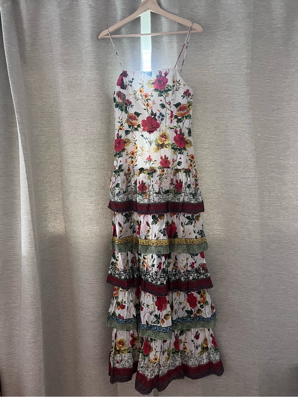 Alice + Olivia White Floral Tiered Maxi Dress with Red & Yellow Roses